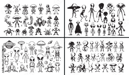alien doodle illustration, extraterrestrial vector art, funny alien characters sketch, space creature drawing, UFO and flying saucer design, sci fi creature vector, cosmic monster illustration, fantas