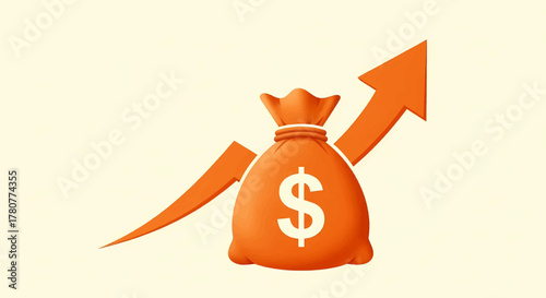 Financial growth concept with an upward arrow and money bag dollar sign, a 3D vector illustration