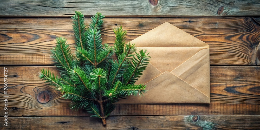 Obraz premium Rustic wooden surface with evergreen branch and kraft paper envelope, suggesting a heartwarming seasonal message