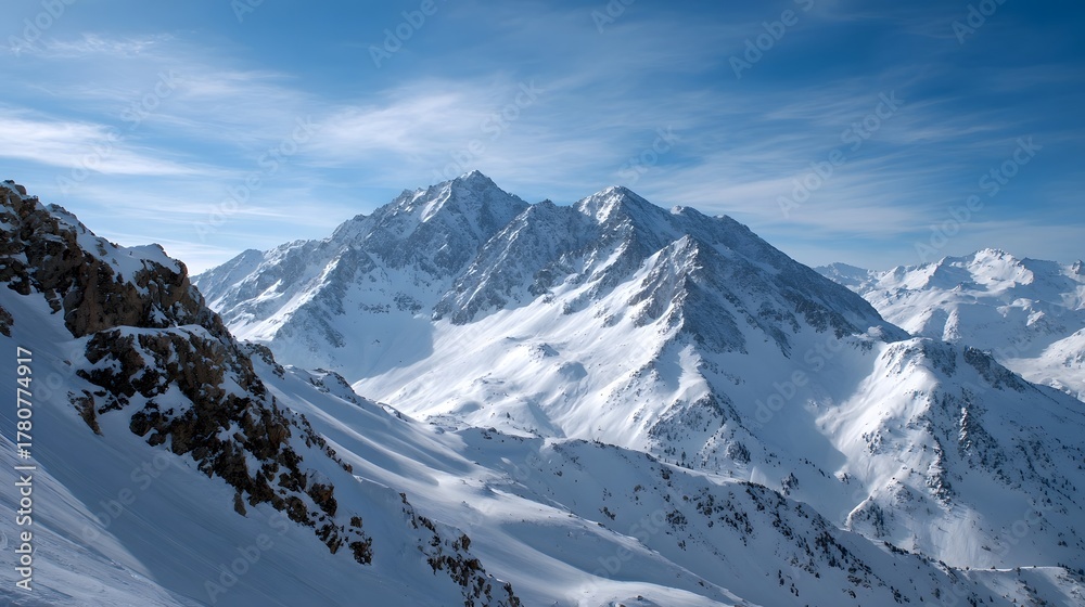 Obraz premium A majestic snow covered mountain range stretches under a clear blue sky with soft clouds
