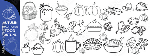 Autumn traditional food icon, thanksgiving day holiday table hand drawn doodle line illustration set. Harvest fall pumpkin, celebration turkey, dessert pie, November eatery design element. Autumn food