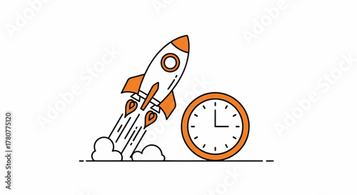 Line art icon of a rocket launching next to a clock, representing a fast start and a deadline vector illustration