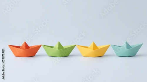 Four colorful origami boats arranged in a row against a light background.