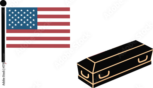 Vector Illustration of American Flag and Black Coffin Silhouette