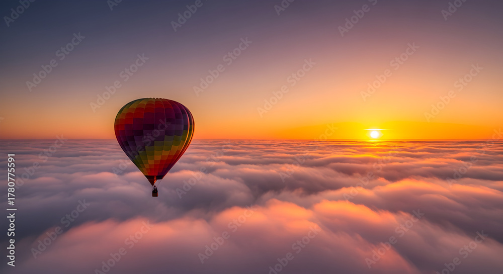 Fototapeta premium Hot Air Balloon Above Clouds at Sunrise Sunset image