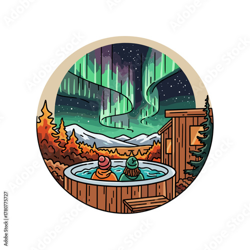 Two people relaxing in hot tub under aurora borealis at night  
