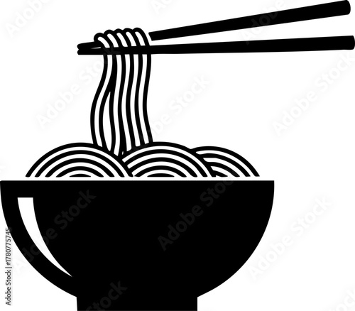 Minimalist noodle bowl and chopsticks icon, monochromatic vector illustration.