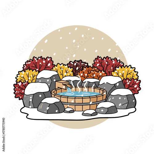 Japanese Ofuro bath surrounded by autumn foliage and snow  