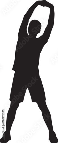 Silhouette of a person performing a stretching exercise, arms raised overhead, representing fitness, wellness, and a healthy lifestyle in a clean, minimalist graphic design