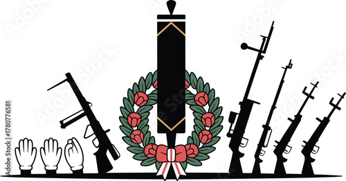Military Salute, Fallen Soldier Memorial Vector: Rifle Salute, Wreath, Honour Guard, Remembrance, Taps