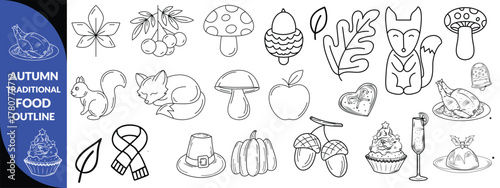 Autumn traditional food icon, thanksgiving day holiday table hand drawn doodle line illustration set. Harvest fall pumpkin, celebration turkey, dessert pie, November eatery design element. Autumn food