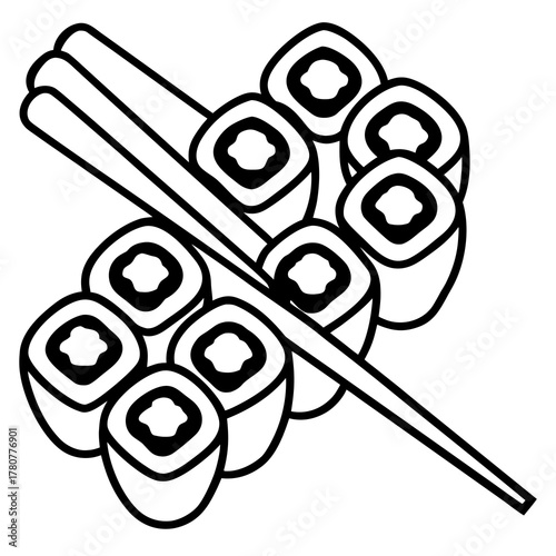 “Japanese sushi rolls arranged neatly with chopsticks, black-and-white ink style