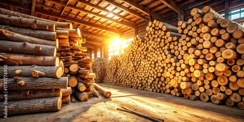 Sunlit Warehouse Filled with Stacked Logs, Ready for Processing and Transforming into Valuable Lumber Products