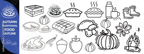 Autumn traditional food icon, thanksgiving day holiday table hand drawn doodle line illustration set. Harvest fall pumpkin, celebration turkey, dessert pie, November eatery design element. Autumn food