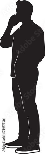 Silhouette of a person talking on the phone, a monochromatic figure with a jacket, a side view depicting a communicative gesture while standing