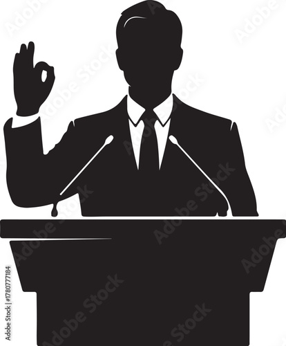 Silhouette of a Confident Businessman or Politician Gesturing OK Sign While Speaking at a Podium with Microphones, Representing Success, Agreement, and Positive Communication