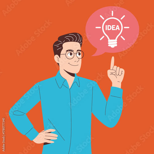 A man with an intrigued expression raises his finger towards a lightbulb, symbolizing a great idea. The colorful and lively artwork invites creativity and inspiration.