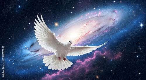White Dove Flying Through Galaxy Nebula bird space