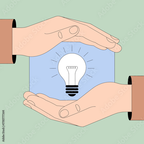 An engaging illustration showcasing hands surrounding a glowing light bulb, emphasizing the importance of nurturing and protecting innovative thoughts within a colorful context.