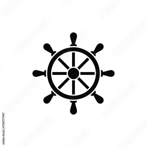 Ship Wheel Icon with Spokes in Black Color on a Transparent Background