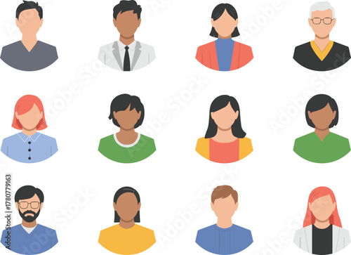 Diverse Group of People Flat Avatars: Multiethnic User Profile Heads, Team, Adults, Vector Set