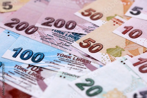 Fototapeta Naklejka Na Ścianę i Meble -  Turkish Liras currency money bills. TRY currency banknotes in stack with different denomination close up