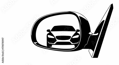 Automotive side mirror reflecting an approaching vehicle from behind, a black and white driving vector illustration