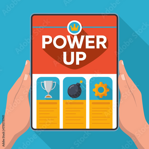 This image displays a dynamic tablet interface featuring a 'Power Up' section with rewards like trophies, bombs, and gears prominently showcased in a colorful design.