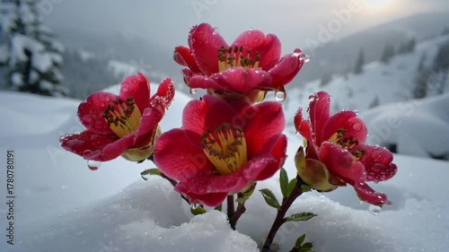 The camera glides over bright red camellia flowers blooming against white snow, petals glistening with droplets, soft mist in the air, poetic winter contrast.