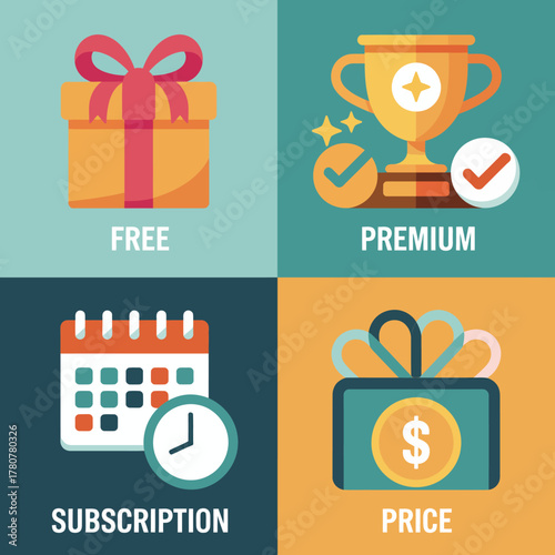 This image features colorful icons showing various pricing options including free, premium, subscription, and price to help users understand product choices clearly.