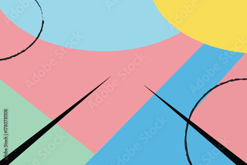 Modern abstract geometric background with pastel color block design, featuring a playful composition of circles, sharp lines, and brushstroke elements