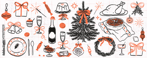 Retro whimsy vintage new year drawing set. Doodle line art contemporary minimalist print style. Christmas dinner table decor, food, wine or champagne. Hand drawn ink holiday menu elements collection.