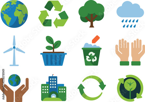 Ecology and Environment Flat Icon Set: Earth, Recycle, Tree, Wind Energy, Sustainability Vector