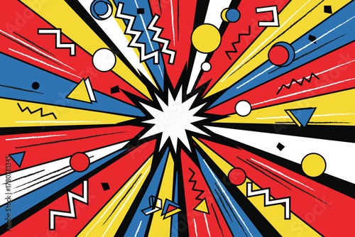 Dynamic retro comic pop art explosion background with vibrant primary colors and geometric shapes, a bold abstract illustration for energetic designs.