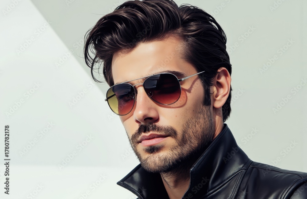 Fototapeta premium A stylish man wearing sunglasses and a leather jacket with a confident expression
