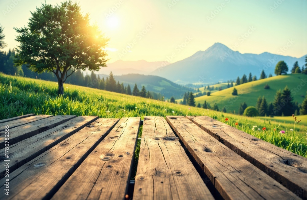 Fototapeta premium Sunlit landscape with wooden deck, lush green hills, trees, and mountain backdrop at sunrise