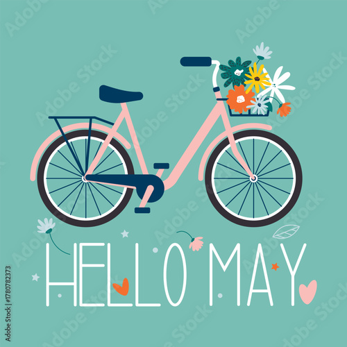 "Hello May" spring card. Ladies bicycle with basket of bright flowers. Spring cover, background for social media and web pages. Vector illustration