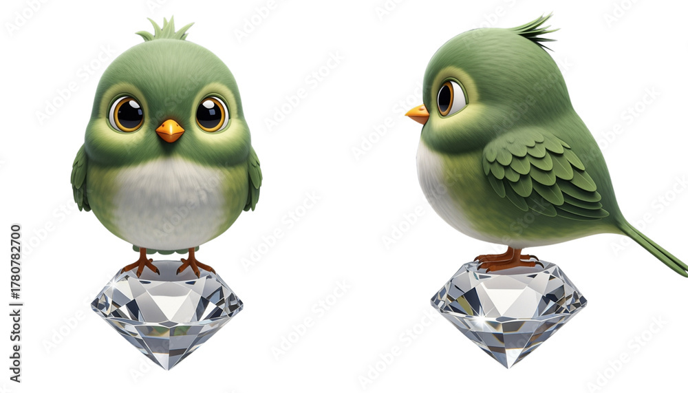 Fototapeta premium Cute green bird standing on crystal gem isolated on transparent background PNG