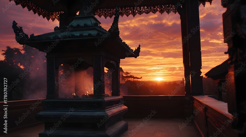 Obraz premium Ornate ancient shrine with glowing incense smoke against a vibrant crimson sunset