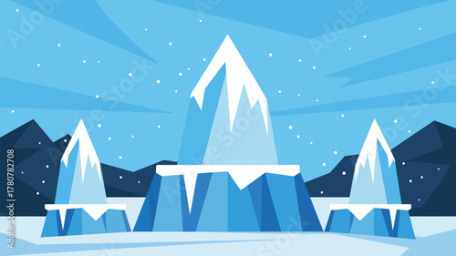 Winter wonderland podium with twinkling ice sculptures, festive snowy scene illustration