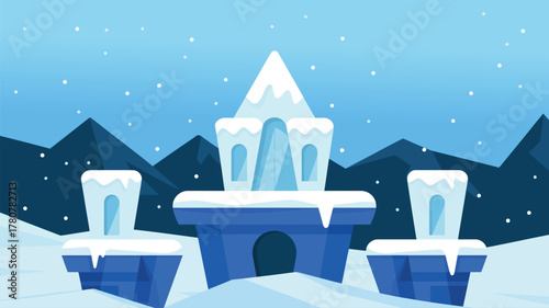 Winter wonderland podium with twinkling ice sculptures, festive snowy scene illustration