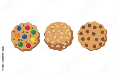 assorted cookies collection with chocolate chips and dragees vector art isolated on white background
