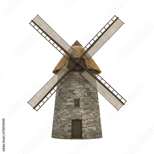Traditional stone windmill with a thatched roof isolated on transparent background
