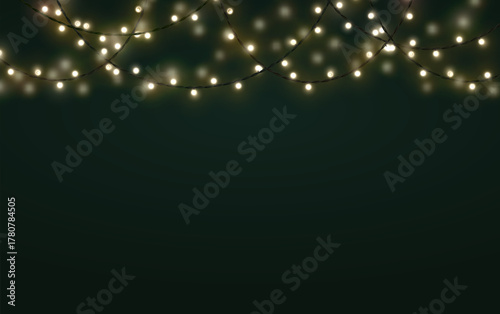 Dark green festive background with realistic light bulb garlands. Christmas and new year backdrop, vector illustration.