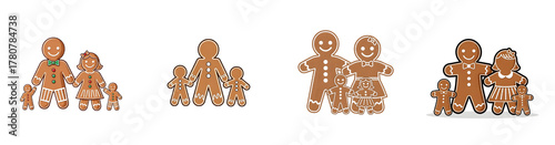 Four Gingerbread Family Groups With Parents And Children Transparent Background Isolate