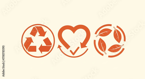 Set of three orange recycling and sustainability icons with heart and leaf symbols, vector illustration