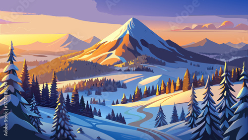 Very beautiful aerial winter view of Sugarloaf Mountain in Maine at sunrise, with soft golden light illuminating snowy slopes, pine forests, and a calm peaceful atmosphere in a realistic landscape sce