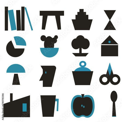 Design of various two-color hand-drawn icons. Icons and stickers for websites, books and notebooks, paper towels and napkins.