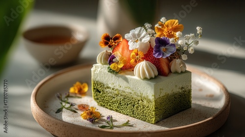 Strawberry matcha cake slice detailed texture garnished with fresh berries and cream dessert