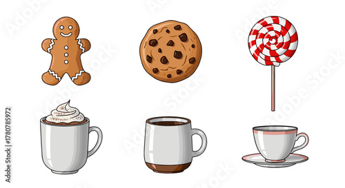 Gingerbread man, chocolate cookie, lollipop, and teacups on white background  